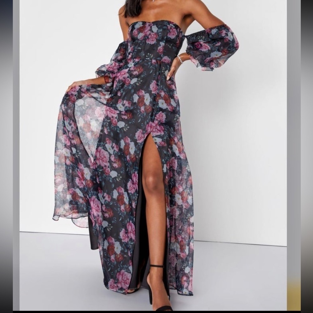 Lulus True Excellence Black Floral Bustier Off-The-Shoulder Gown Size Medium